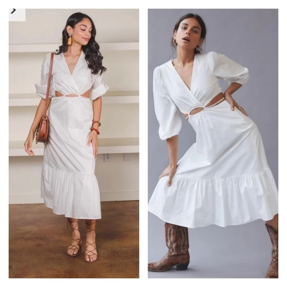 ASTR White Cutout Surplice Midi Dress Puff Sleeve Resort Vacation L NWT - Picture 9 of 14